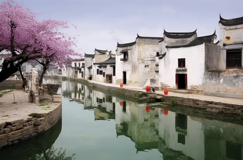 乡村河边的房屋桃花景色,高清,摄影图,摄影图片,图片大全,摄影图免费下载